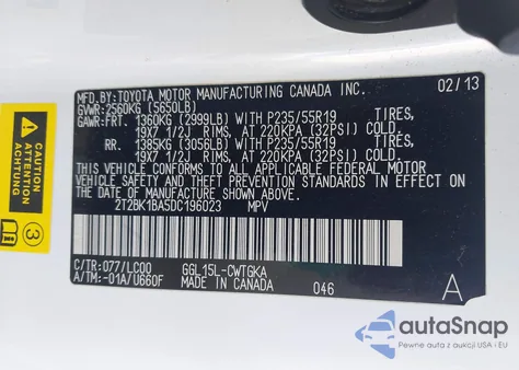 2013 Lexus Rx 350 z USA, uszkodzony, nr VIN 2T2BK1BA5DC196023